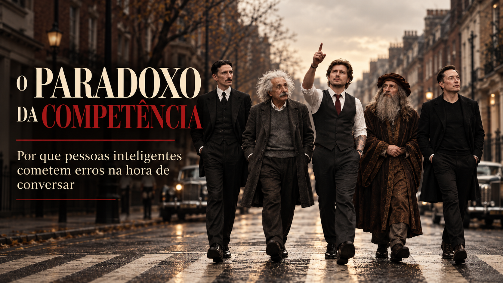 Cinco grandes mentes atravessando uma rua, representando o paradoxo da competência e os erros de comunicação cometidos por pessoas inteligentes.